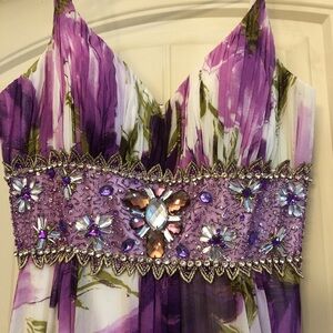 Purple Floral Beaded Waist Evening Dress